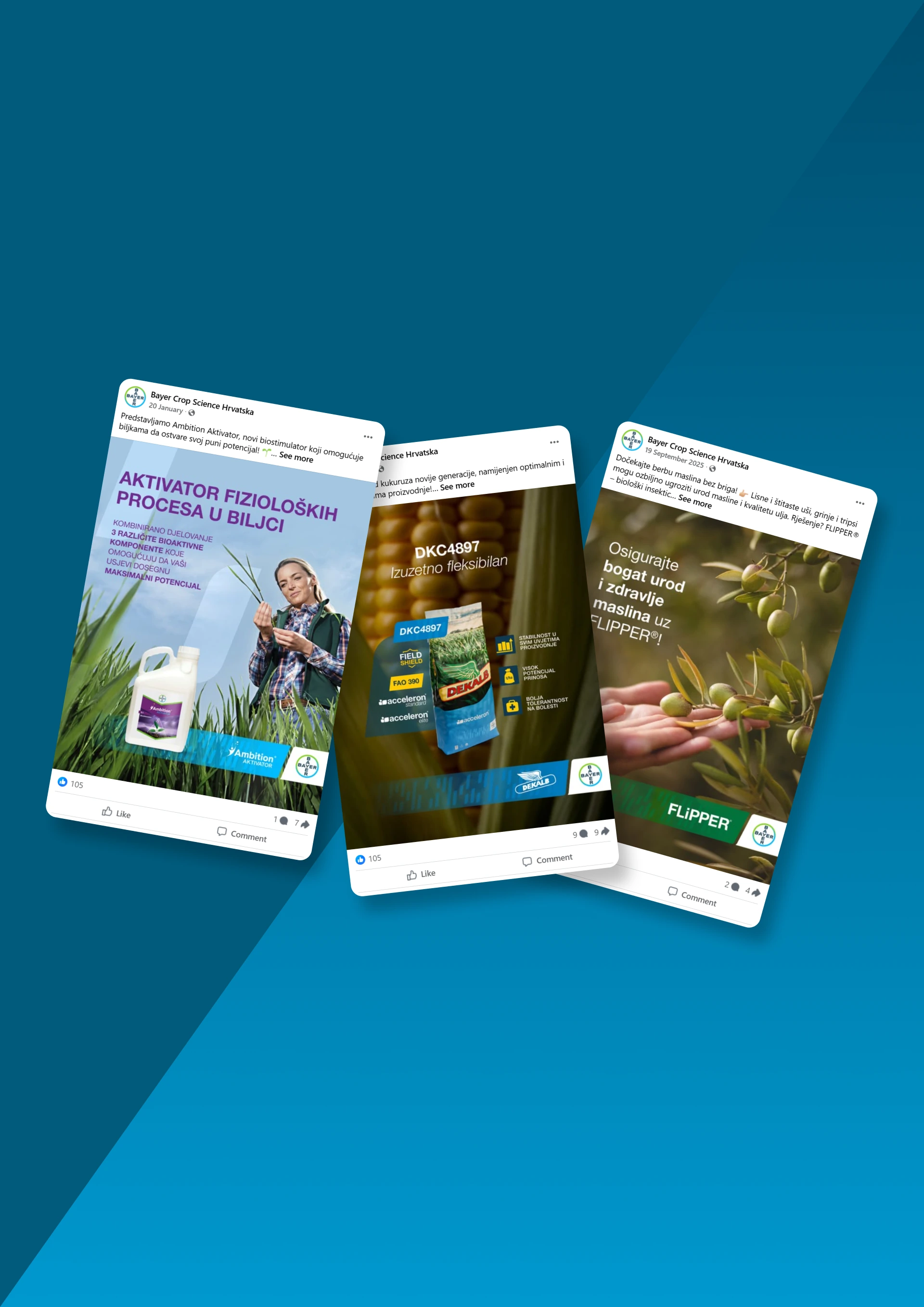 Three Bayer Crop Science social media post designs on a blue background