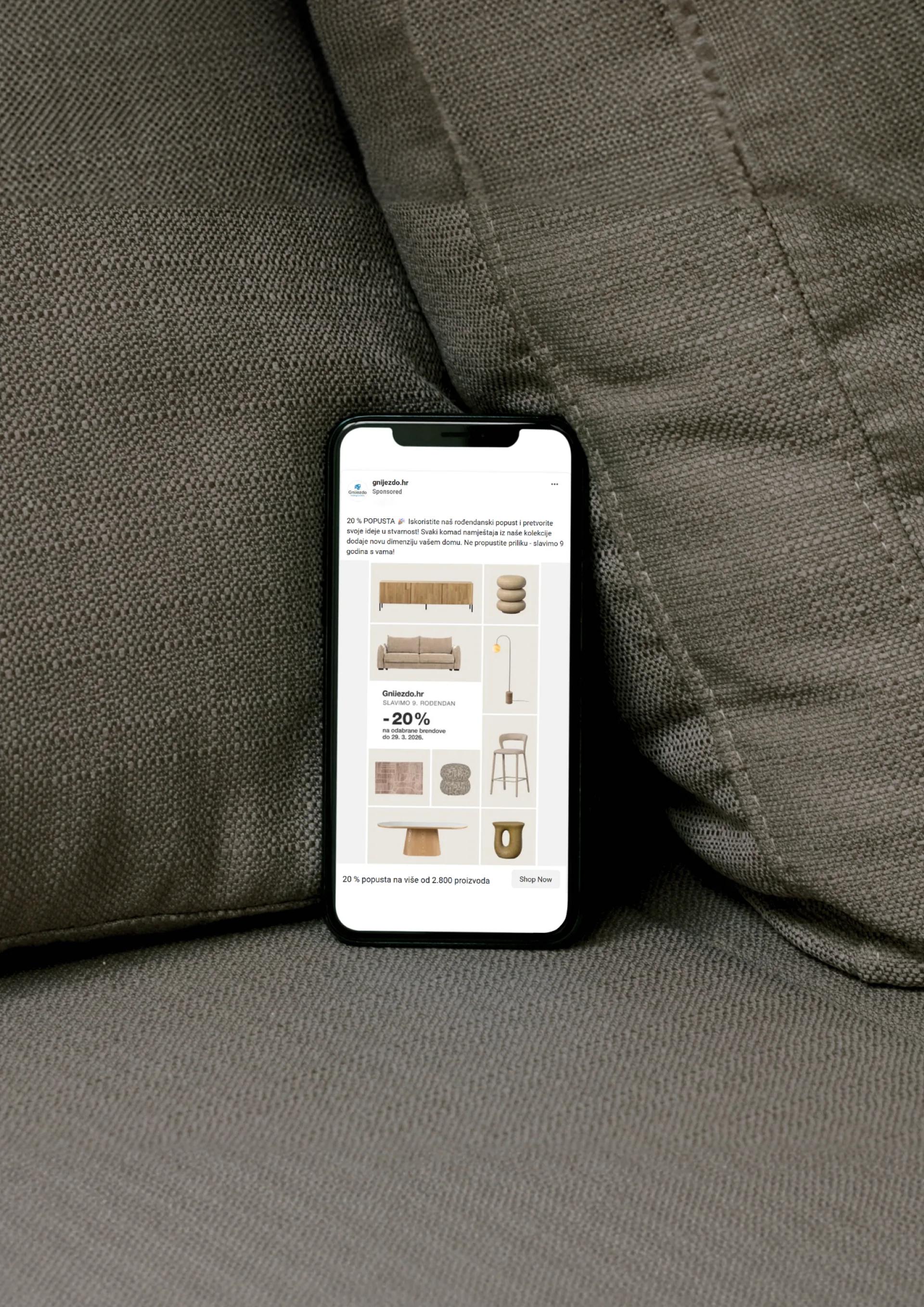 Gnijezdo furniture campaign shown on a phone