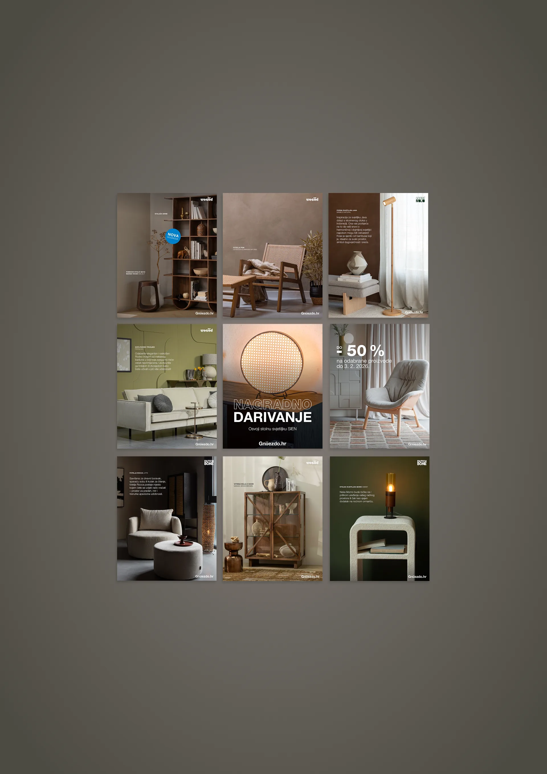 Grid of Gnijezdo furniture social media visuals