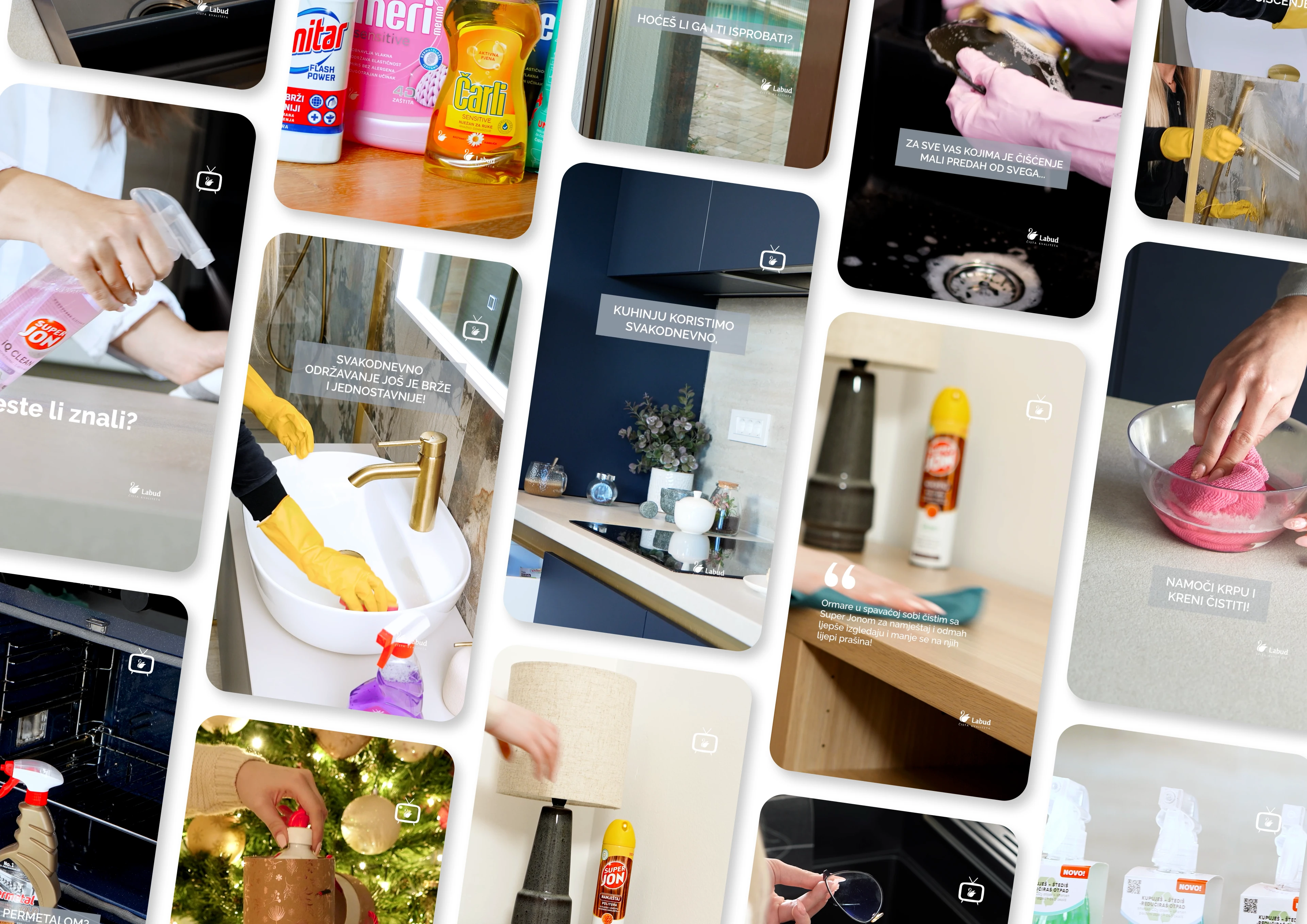 Collage of Labud social video frames showing products and household cleaning.