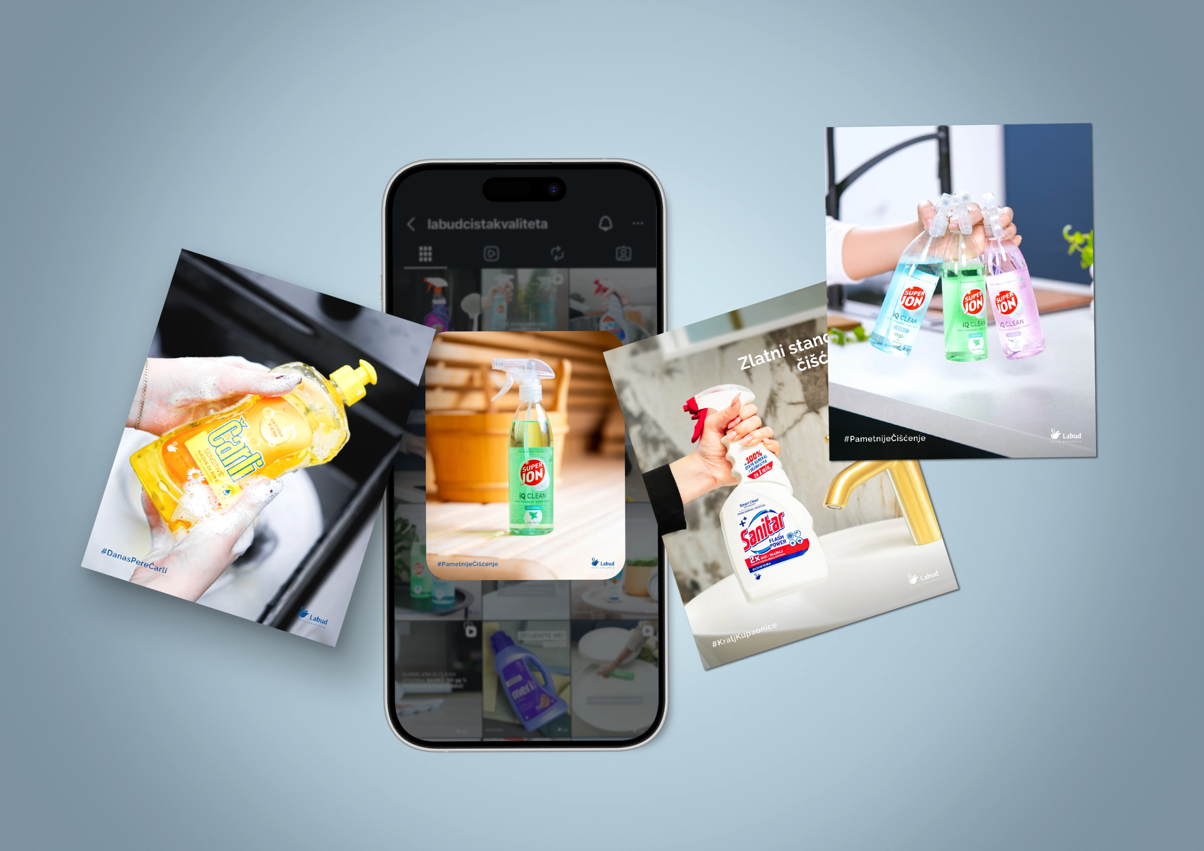 Phone displaying Labud social content surrounded by product video frames.
