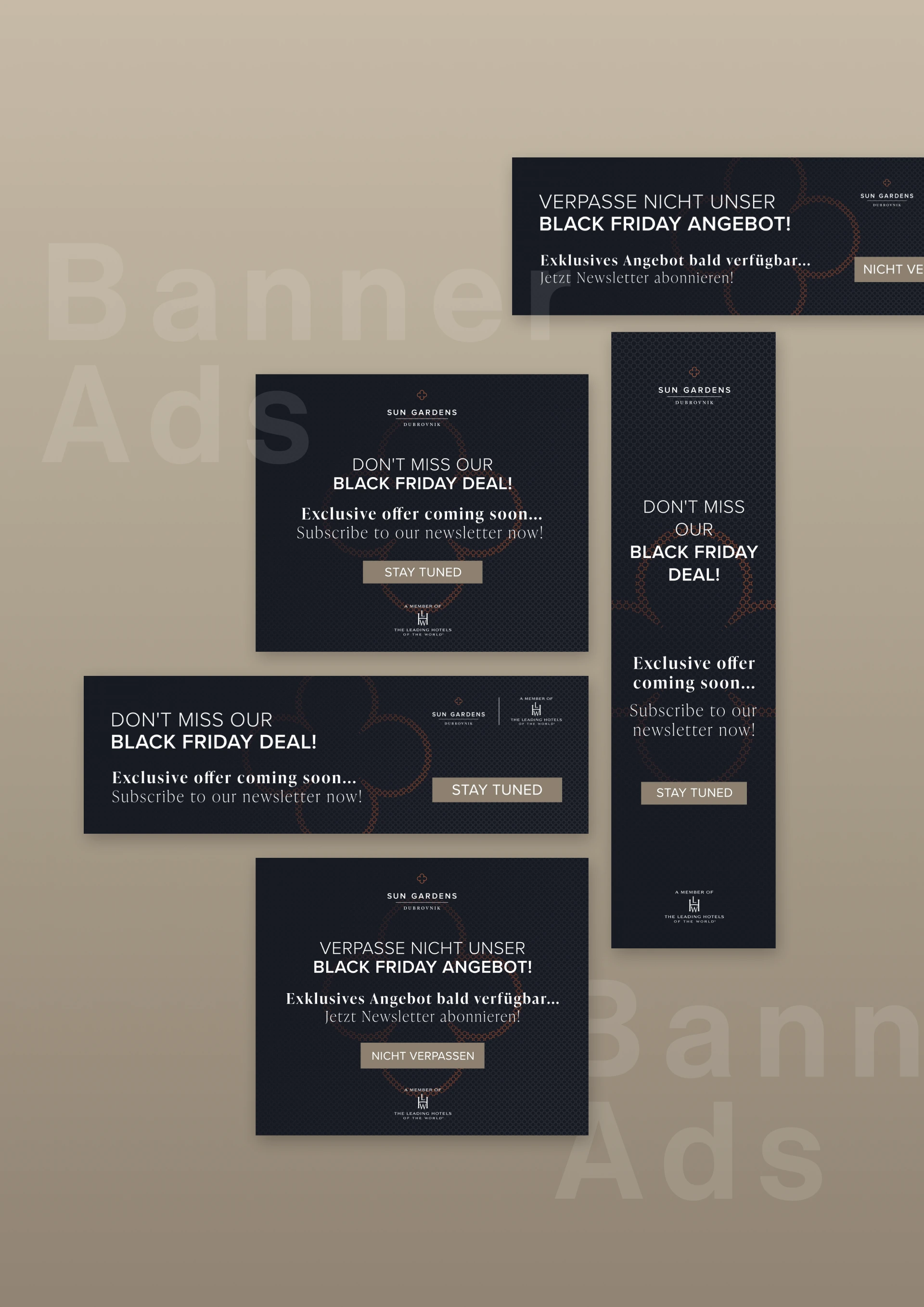 Sun Gardens Dubrovnik Black Friday banner designs in English and German.