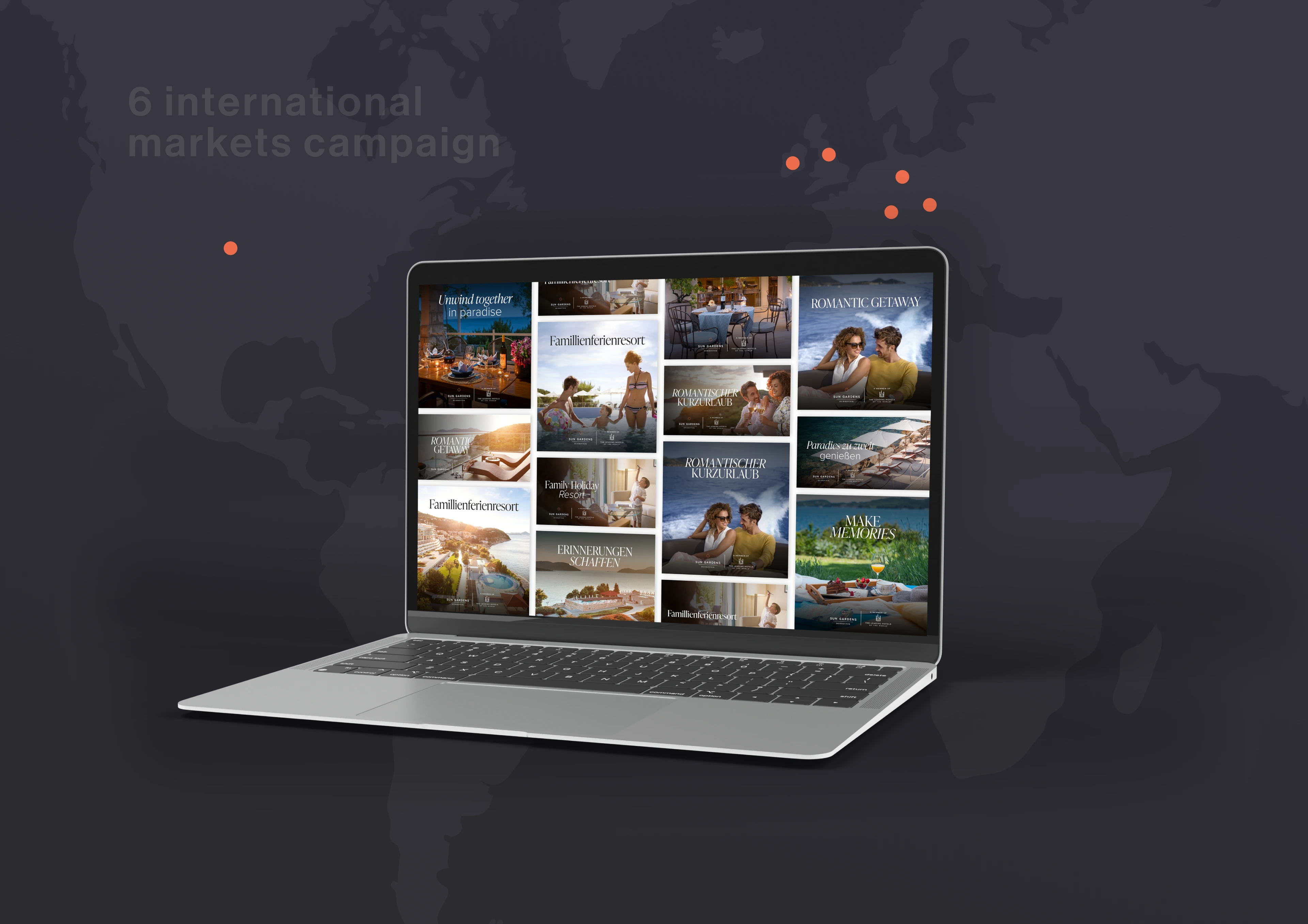 Laptop displaying a grid of Sun Gardens Dubrovnik promotional images against a map background.