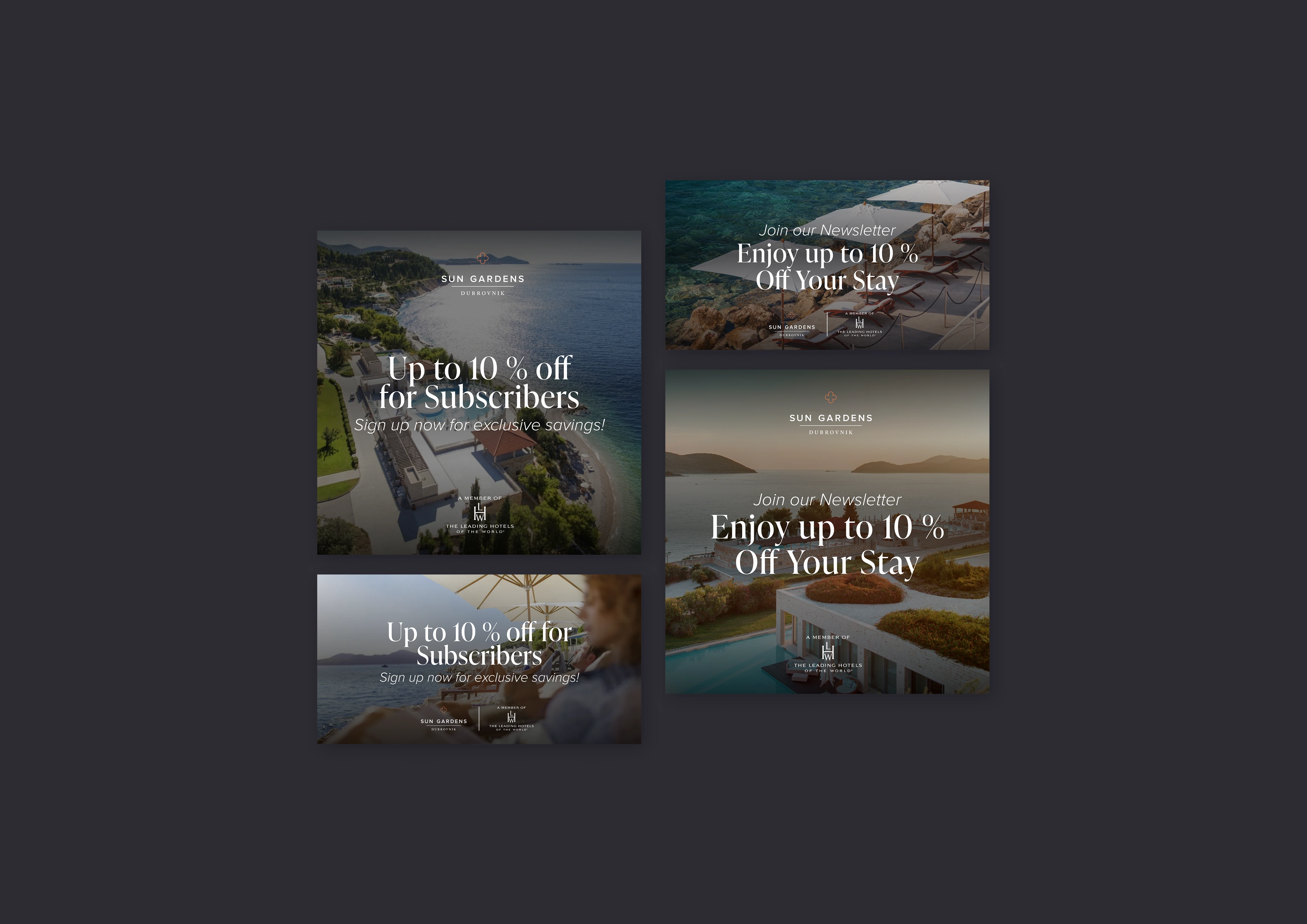 Four Sun Gardens Dubrovnik newsletter promotion designs with coastal resort photographs.