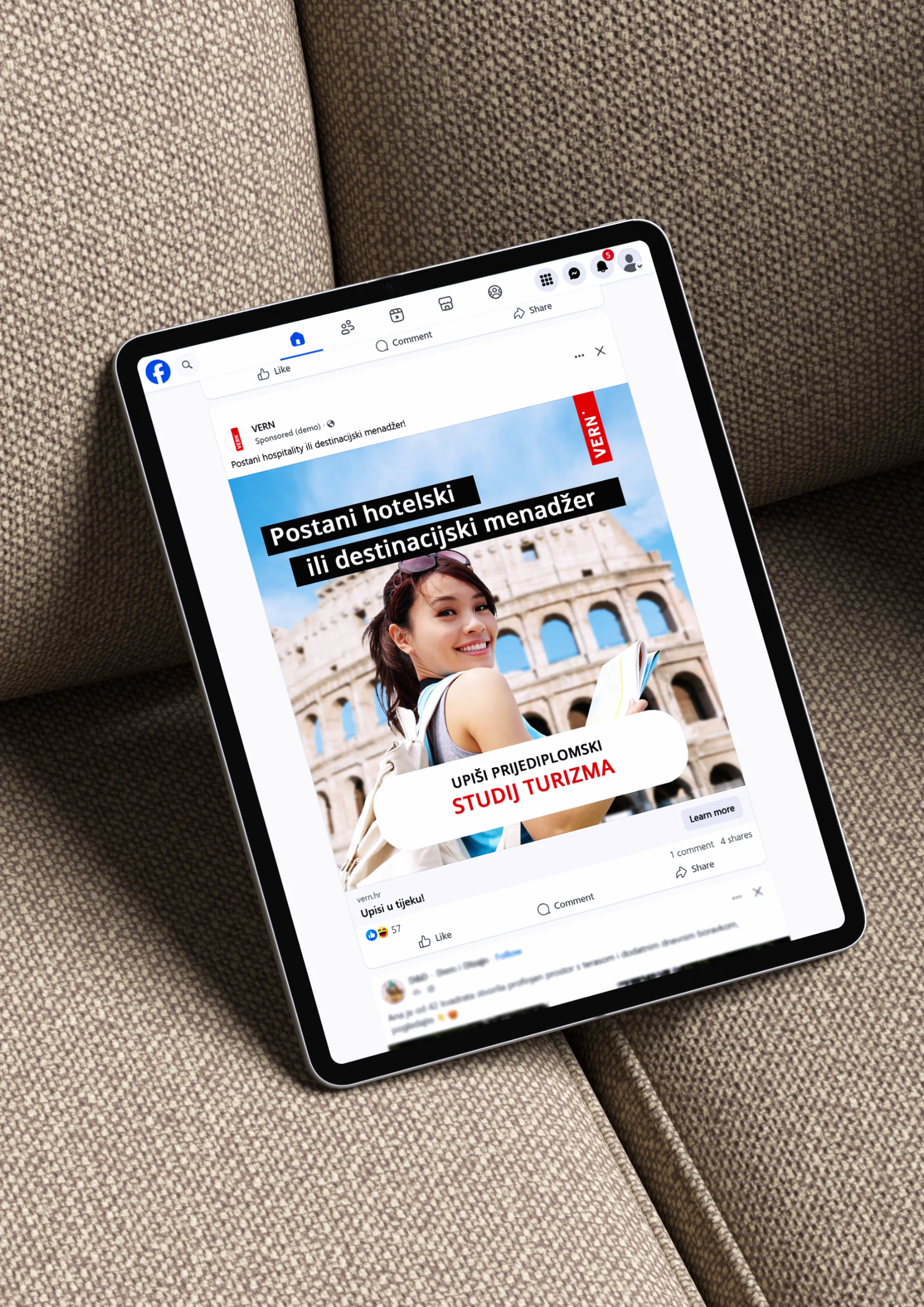 VERN tourism study advertisement shown in a Facebook tablet mockup